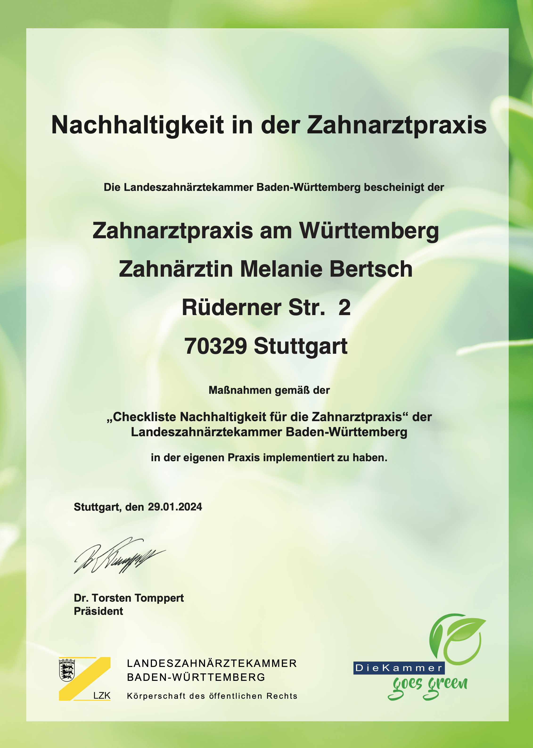 Zertifikat Nachhaltigkeit in der Zahnarztpraxis - Zahnarztpraxis am Württemberg