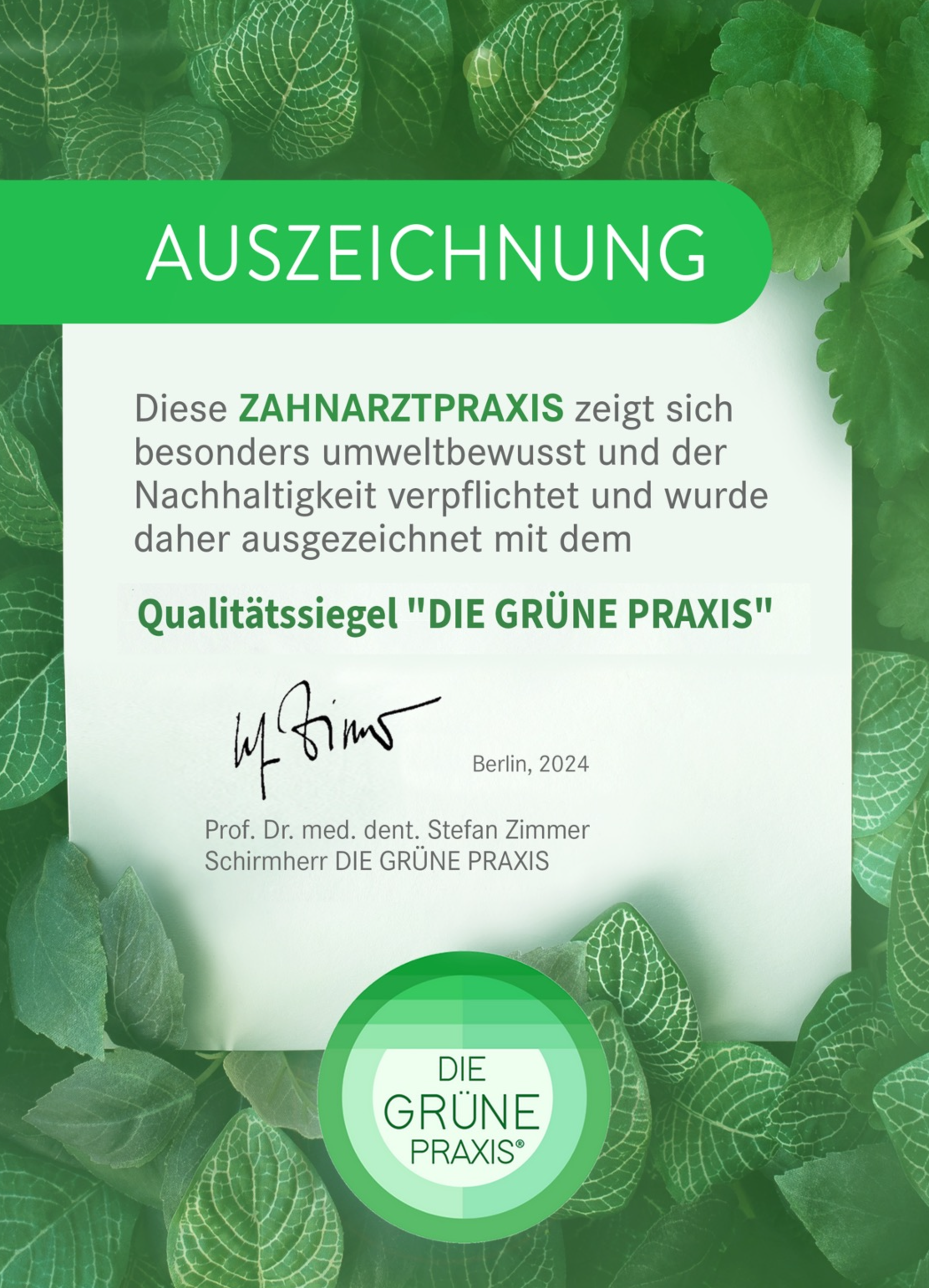 Grüne Praxis Urkunde - Zahnarztpraxis am Württemberg