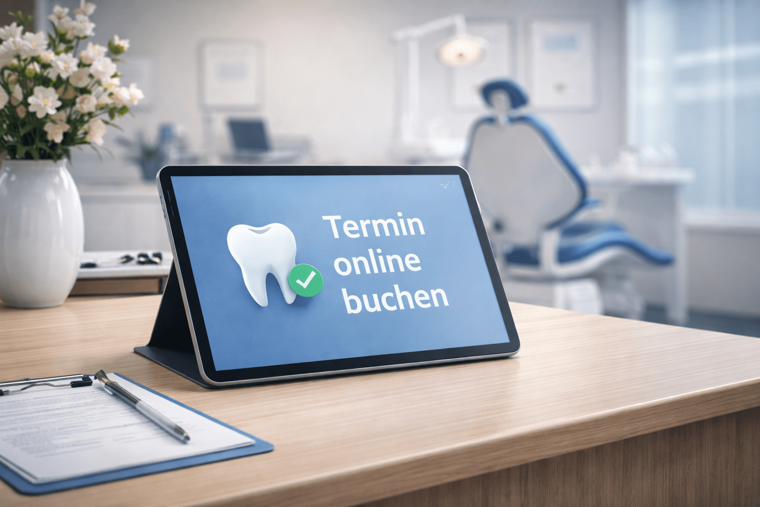 Tablet auf Empfangstresen einer Zahnarztpraxis mit Hinweis ‚Termin online buchen‘